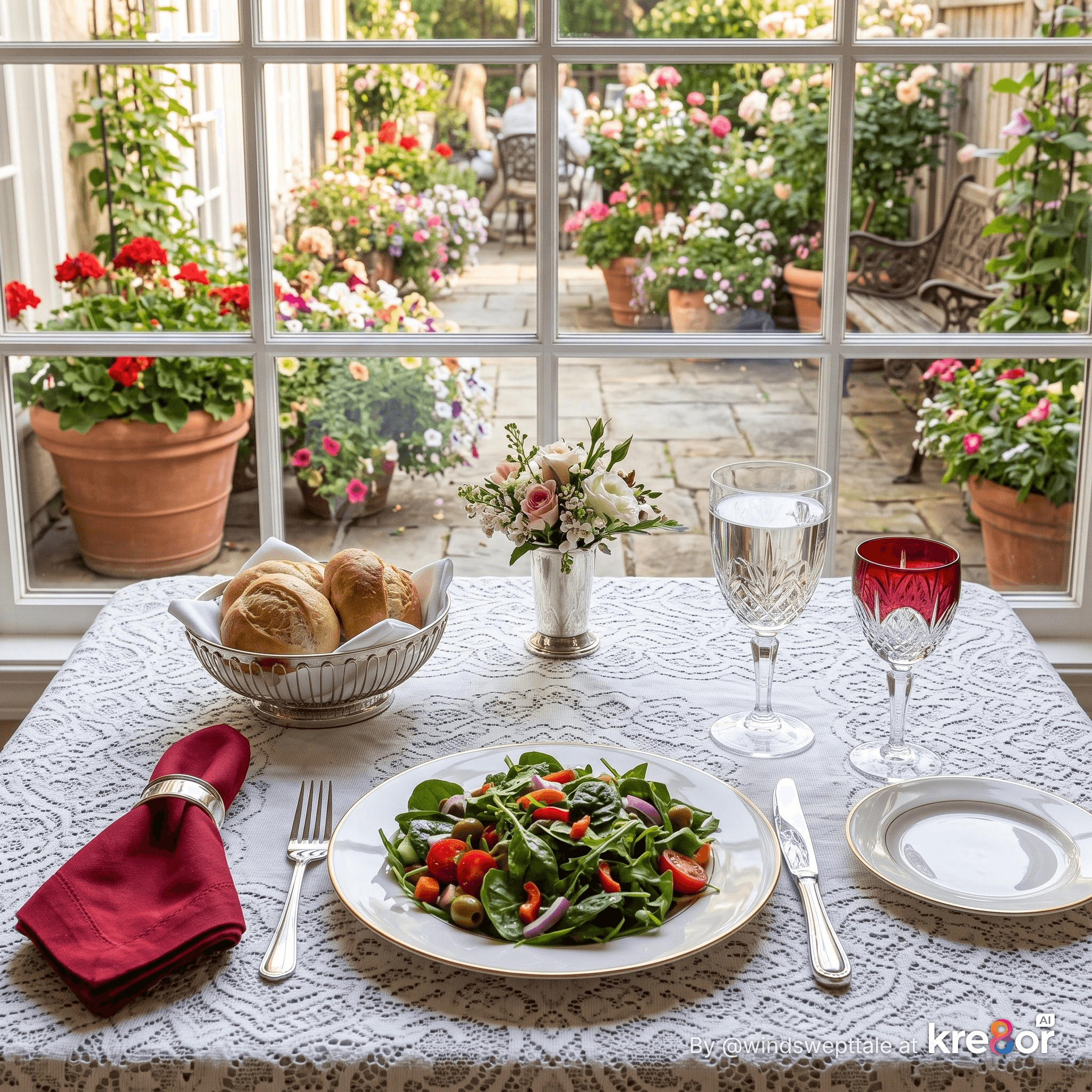 Image of Greek salad on formally set t able with window showing garden