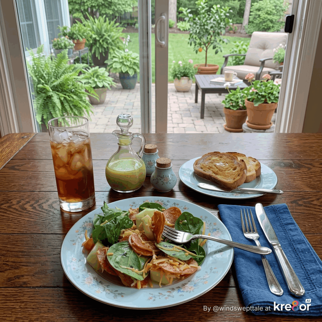 image of salad on the table looking out on a patio with iced tea and toast